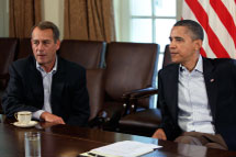 President Obama (R) meets House Speaker Boehner (Reuters/Yuri Gripas)