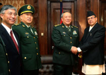 Nepal's PM Khanal shakes hands with General Chen, China's PLA Chief of General Staff Chen in Kathmandu, in March  (Reuters/Navesh Chitrakar)