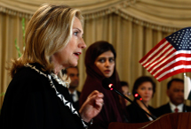 U.S. Secretary of State Hillary Clinton and Pakistan's Foreign Minister Hina Rabbani Khar at a joint press availability in Islamabad.(REUTERS/Kevin Lamarque)