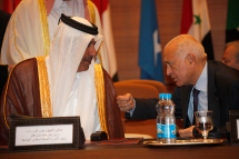 Qatar's Prime Minister and Foreign Minister Sheikh Hamad bin Jassim  al-Thani and Arab League Secretary-General Nabil al-Arabi speak during a meeting in Rabat (REUTERS)