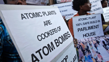 Activists hold placards during a anti-nuclear protest in New Delhi. (REUTERS/Adnan Abidi)