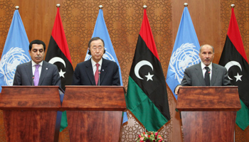 UN Secretary-General Ban Ki-moon, Libya's NTC leader Mustafa Abdel Jalil and UN General AssemblyPresident Nassir Abdulaziz Al-Nasser. (REUTERS/Ismail Zetouni)