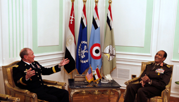 US Chairman of the Joint Chiefs of Staff General Martin Dempsey meets head of Egypt's ruling military council Field Marshal Mohamed Hussein Tantawi.  (REUTERS/Khalil Hamra/Pool)