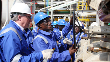 Ghana's President John Atta Mills at the Jubilee oil field. (REUTERS/Handout)