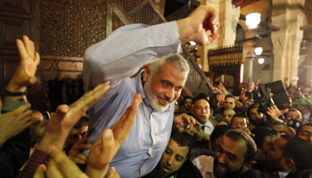 Hamas leader Ismail Haniyeh following his speech in Cairo. (REUTERS/Mohamed Abd El Ghany)