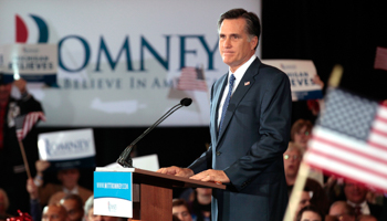 Mitt Romney at his Michigan primary night rally in Novi. (REUTERS/Rebecca Cook)