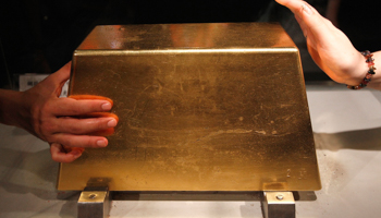 A 220 kg gold bar on display in Xinbei city, Taiwan. (REUTERS/Pichi Chuang)