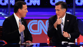 Rick Santorum and Mitt Romney during a candidates' debate. (REUTERS/Joshua Lott)