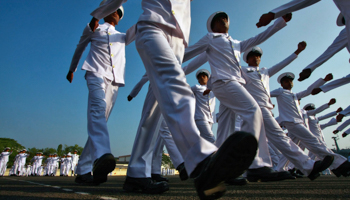 Indian Navy sailors march as they take part in a ceremonial parade. (REUTERS/Sivaram V)