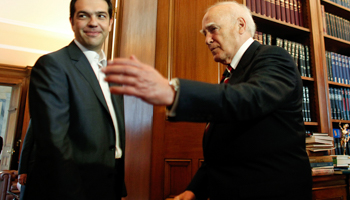 Syriza leader Alexis Tsipras meets President Karolos Papoulias. (REUTERS/POOL New)