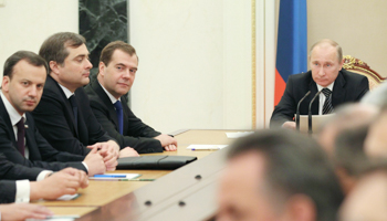 President Putin, PM Medvedev, and Deputy PMs Surkov and Dvorkovich at a cabinet meeting. (REUTERS/RIA Novosti)