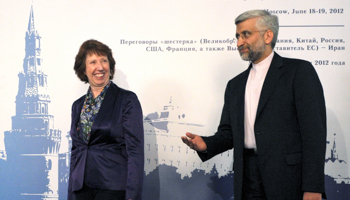 European Union Foreign Policy Chief Catherine Ashton meets with Iran's Chief Negotiator Saeed Jalili in Moscow. (REUTERS/POOL New)