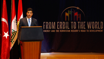 KRG Prime Minister Nechirvan Barzani speaks during the first International Energy Arena in Irbil (REUTERS/Thaier Al-Sudani)