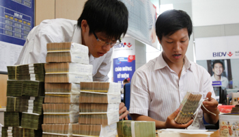 Employees count money at a branch of BIDV in Hanoi (REUTERS/Nguyen Huy Kham)