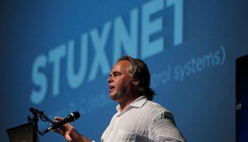 Eugene Kaspersky, who discovered the Flame virus, speaks at a cyber security conference in Tel Aviv (REUTERS/Baz Ratner)