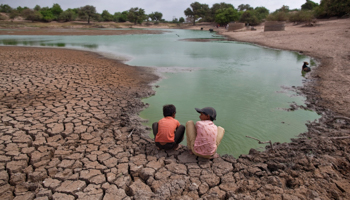 Children wash their hands in a partially dried-out natural pond in Gujarat (REUTERS/Ahmad Masood)