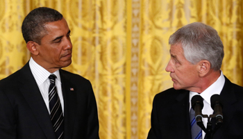 Chuck Hagel and Barack Obama at the White House (REUTERS/Kevin Lamarque)