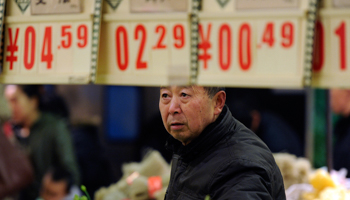 A customer looks at price tags in a Chinese supermarket (REUTERS/Jianan Yu)