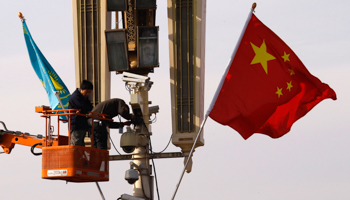 The flags of Kazakhstan and China hang in Beijing (REUTERS/David Gray)