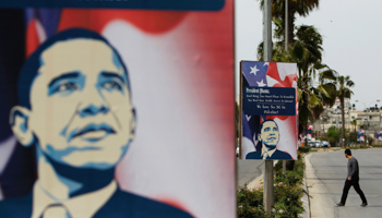 Placards depicting President Obama are displayed in Ramallah (REUTERS/Ammar Awad)