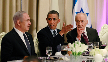 President Obama speaks with Israel's Prime Minister Netanyahu and President Shimon Peres (REUTERS/Jason Reed)