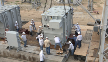 Transformers are moved as part of a Department of Homeland Security exercise to see how quickly replacement transformers could be set up in the event of a major disruption to the US power grid (REUTERS/Department of Homeland Security/Handout)