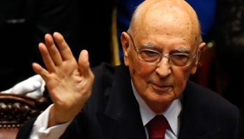 President Giorgio Napolitano waves at the end of his speech at the lower house of the parliament in Rome (Reuters/Tony Gentile)