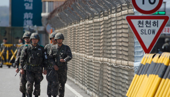 South Korean soldiers patrol on the Grand Unification Bridge leading to the Kaesong Industrial Complex (Reuters/Lee Jae-Won)