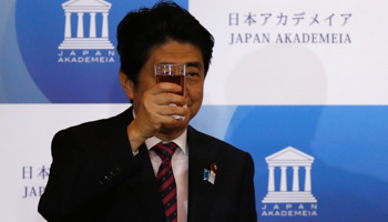 Prime Minister Shinzo Abe toasts with business leaders and scholars during a banquet in Tokyo (Reuters/Issei Kato)