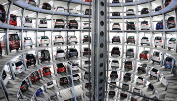 Volkswagen cars are pictured in a delivery tower at the company's headquarters in Wolfsburg (Reuters/Fabian Bimmer)