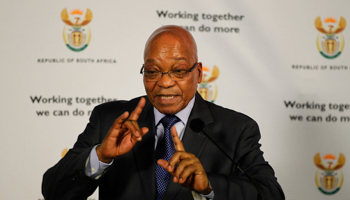 President Jacob Zuma gestures as he answers questions from journalists (Reuters/Siphiwe Sibeko)