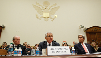 General Martin Dempsey, chairman of the Joint Chiefs of Staff, Secretary of Defense Chuck Hagel and Secretary of State John Kerry (Reuters/Jason Reed)