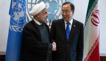 Ban Ki-moon greets Iran's President Hassan Rouhani (Reuters/Eric Thayer)