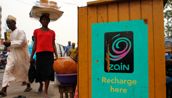 A sticker of telecoms company Zain is seen in Lagos (Reuters/Akintunde Akinleye)
