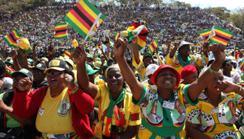 The crowd cheers as Zimbabwe's President Robert Mugabe (Reuters/Philimon Bulawayo)