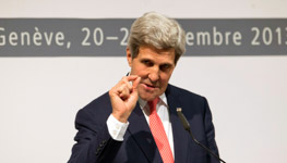 Secretary of State John Kerry gestures as he speaks to the media (Reuters/Carolyn Kaster/Pool)