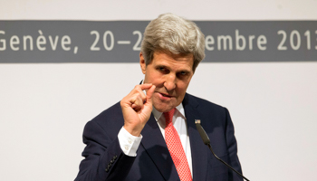 Secretary of State John Kerry gestures as he speaks to the media (Reuters/Carolyn Kaster/Pool)