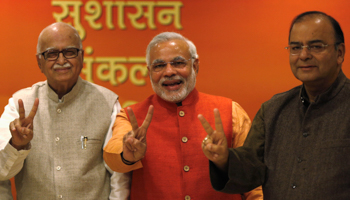 Main opposition Bharatiya Janata Party leader Lal Krishna Advani, Gujarat's chief minister Narendra Modi and prime ministerial candidate Arun Jaitley (Reuters/Ahmad Masood)