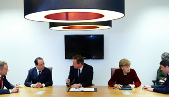 Poland's Prime Minister Donald Tusk, France's President Francois Hollande, Britain's Prime Minister David Cameron, Germany's Chancellor Angela Merkel and Italy's Prime Minister Matteo Renzi meet ahead of a European leaders emergency summit on Ukraine (Reuters/Yves Herman)
