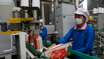 A worker packs rice into bags at a factory north of Bangkok (Reuters/Chaiwat Subprasom)