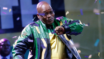 President Jacob Zuma dances at a victory rally of his ruling African National Congress (Reuters/Mike Hutchings)