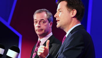 UK Independence Party leader Nigel Farage, and Nick Clegg, leader of Britain's Liberal Democrat party, speak during a debate on Britain's future in the European Union (Reuters/Ian West/pool)