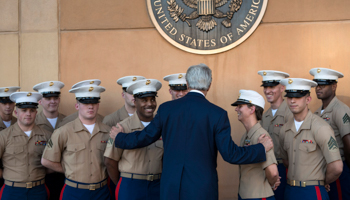 US Secretary of State John Kerry greets US Marines in Baghdad (Reuters/Brendan Smialowski/Pool)