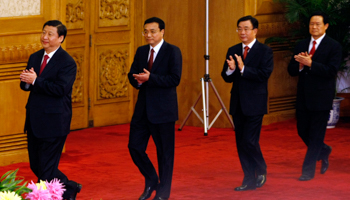 Politburo members including President Xi Jinping Zhou(farthest left) and Zhou Yongkang(farthest right) (Reuters/Jason Lee)
