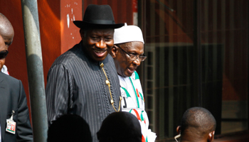 Nigeria's President Goodluck Jonathan and Bamanga Tukur after a People's Democratic Party (PDP) meeting in Abuja (Reuters/Afolabi Sotunde)