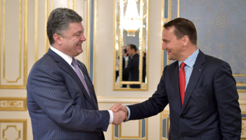 Ukraine's President Petro Poroshenko shakes hands with Poland's Foreign Minister Radoslaw Sikorski (Reuters/Mykola Lazarenko /Ukrainian Presidential Press Service/Handout via Reuters)