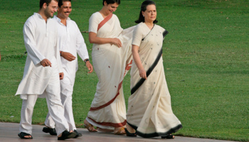 Chief of India's Congress party Sonia Gandhi, her daughter Priyanka Vadera, son-in-law Robert Vadera, and son Rahul Gandhi (Reuters/B Mathur)