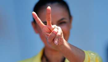 Brazilian Socialist Party presidential candidate Marina Silva gestures during a campaign rally (Reuters/Ueslei Marcelino)