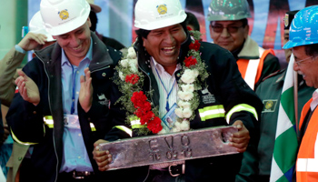 Bolivia's President Evo Morales at re-opening  ceremony in Karachipampa plant, in the south region of Potosi (Reuters/David Mercado)