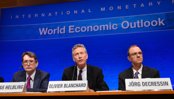IMF Economic Counsellor and Director of Research Department Olivier Blanchard delivers remarks on the world's economic outlook (Reuters/Mike Theiler)